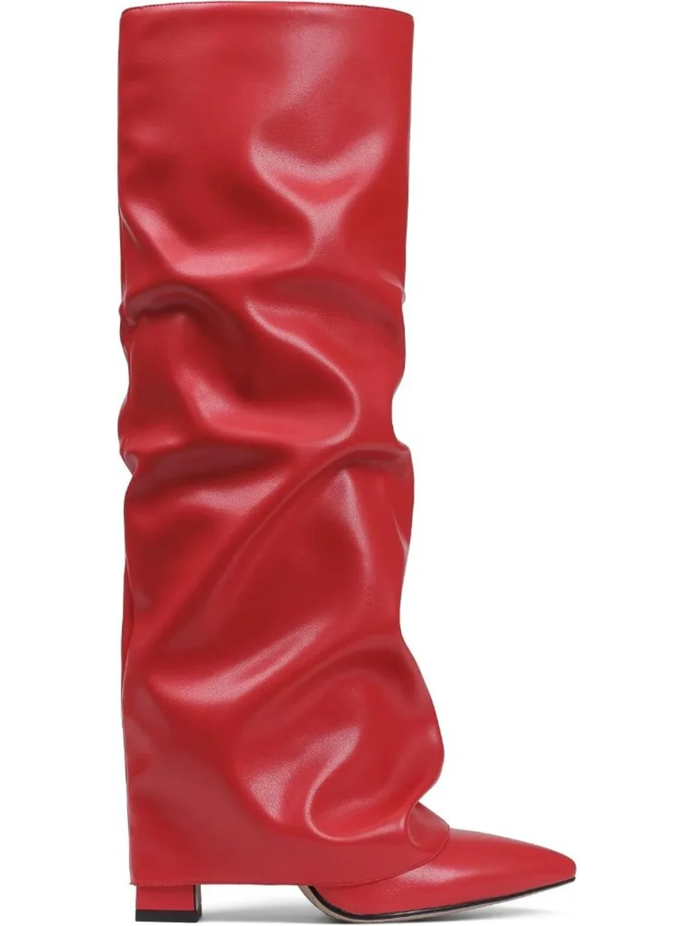 Women's Red Pu Pointed Toe Fold Over Chunky Block Heel Slouchy Knee High Boots